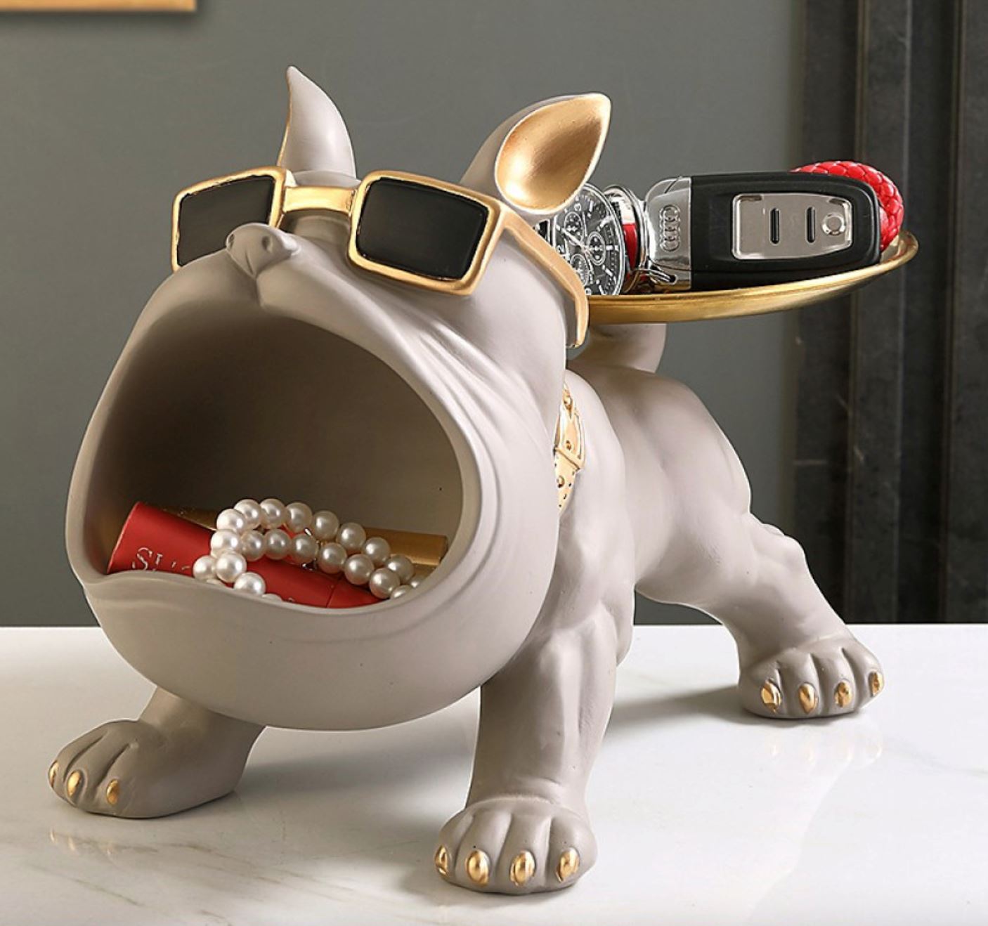 Escultura Bulldog Francês Decor Cool (Suporte Duplo) aparador chave Conceito Cinza